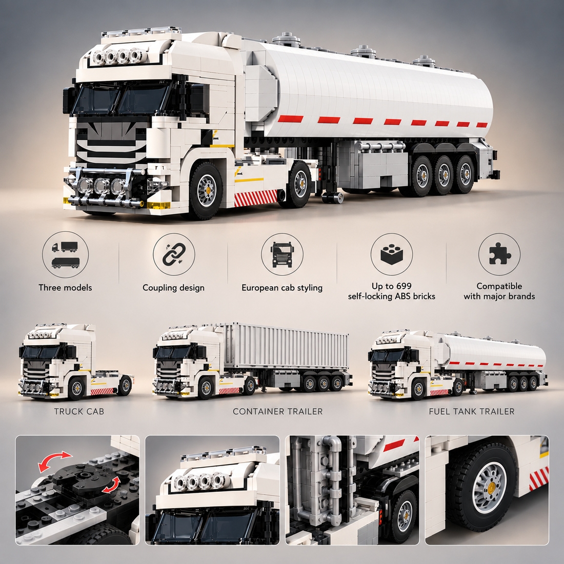 TechBricks Truck & Container Trailer Building Block Set — up to 699 pieces