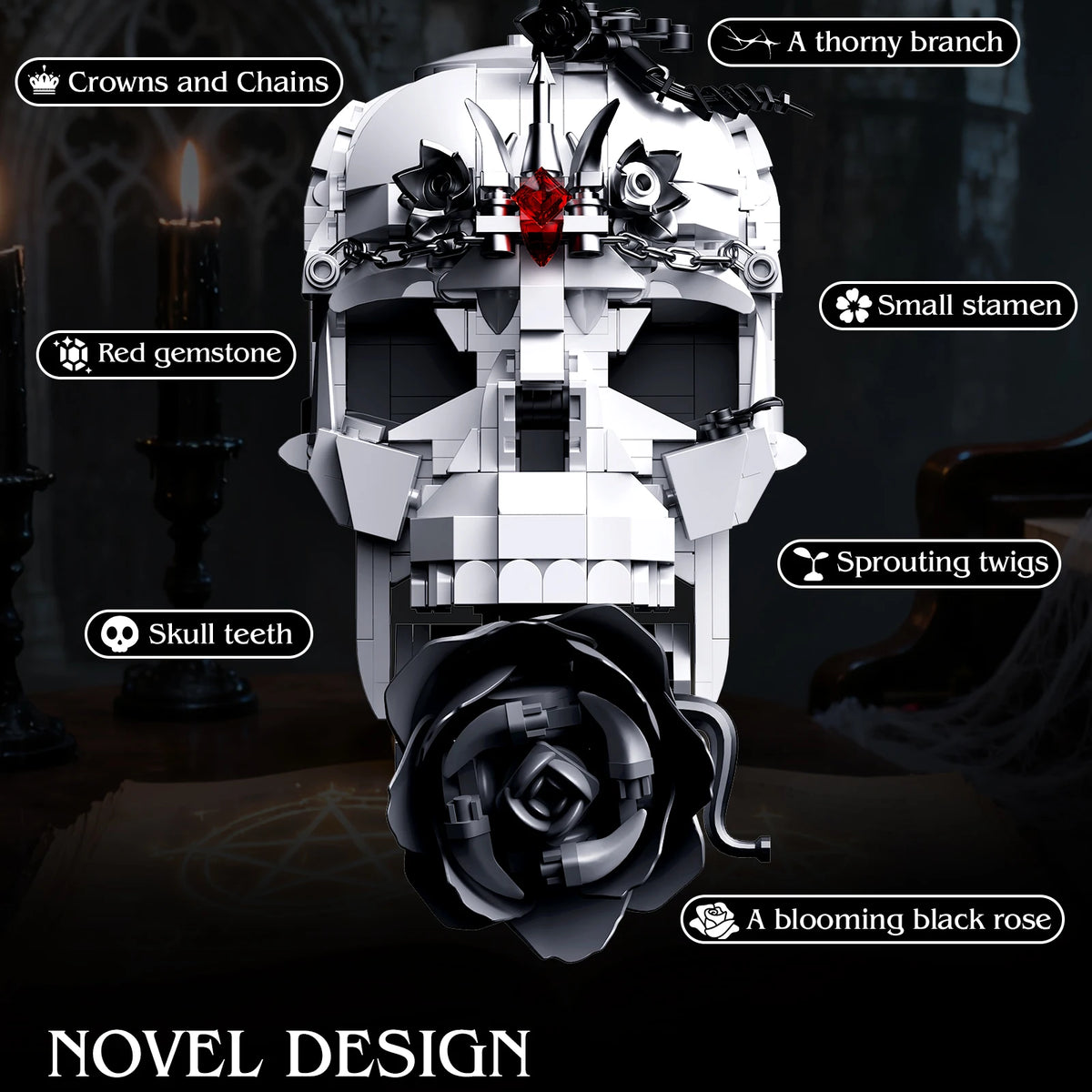 Evil Skull Dark Rose 3-in-1 Building Set - 966 Pieces – TechBricks