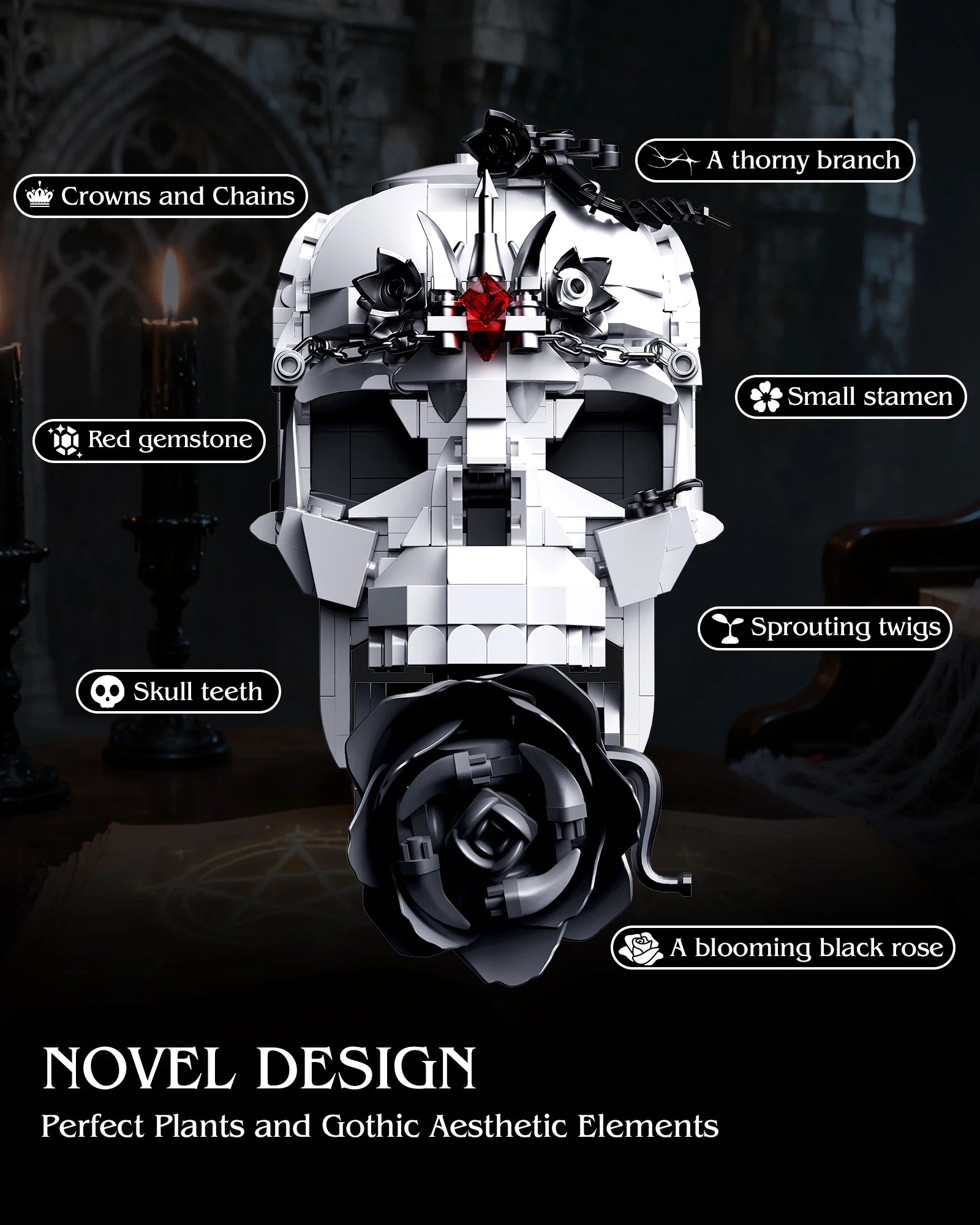 TechBricks Evil Skull Dark Rose 3-in-1 Building Set - 966 Pieces
